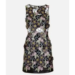 Topshop Black Multi PU Leather Lace Floral Appliqué‎ Shift Dress 6 Embroidered